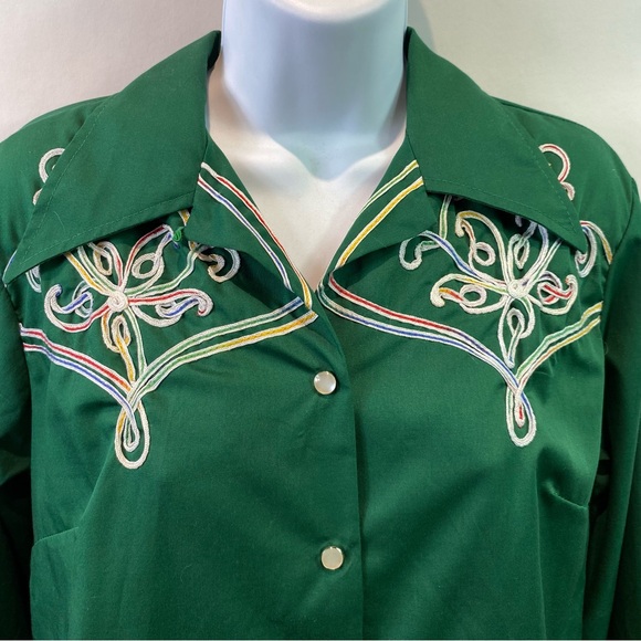 Vtg Tony Alamo Of Nashville Womens Shirt Green Embroidery Pearl Snaps Western M - Picture 2 of 10